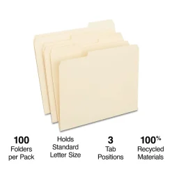 File Folders|Staples 100% Recycled File Folders, 1/3-Cut Tab, Letter Size, 100/Box (ST246850/246850)
