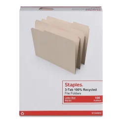 File Folders|Staples 100% Recycled File Folders, 1/3-Cut Tab, Letter Size, 100/Box (ST246850/246850)