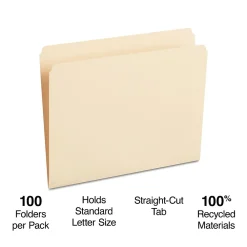 File Folders|Staples 100% Recycled File Folder, Single Tab, Letter Size, 100/Box (ST393125/393125)