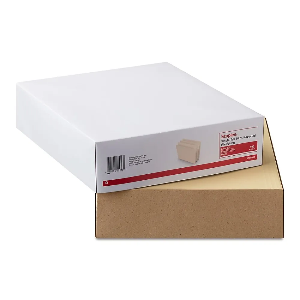 File Folders|Staples 100% Recycled File Folder, Single Tab, Letter Size, 100/Box (ST393125/393125)