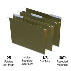 Hanging File Folders|Staples ® 95% Recycled Hanging File Folders, 1/3-Cut Tab, Letter Size, Standard Green, 25/Box (ST116806/116806)