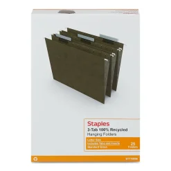 Hanging File Folders|Staples ® 95% Recycled Hanging File Folders, 1/3-Cut Tab, Letter Size, Standard Green, 25/Box (ST116806/116806)