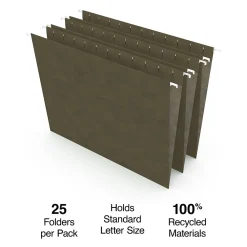 Hanging File Folders|Staples ® 100% Recycled Hanging File Folders, Stright Cut, Letter Size, Standard Green, 25/Box (ST521229/521229)