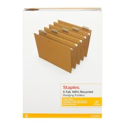Hanging File Folders|Staples ® 100% Recycled Hanging File Folders, 5-Tab Letter, Natural Brown, 25/Box (TR75601-US)