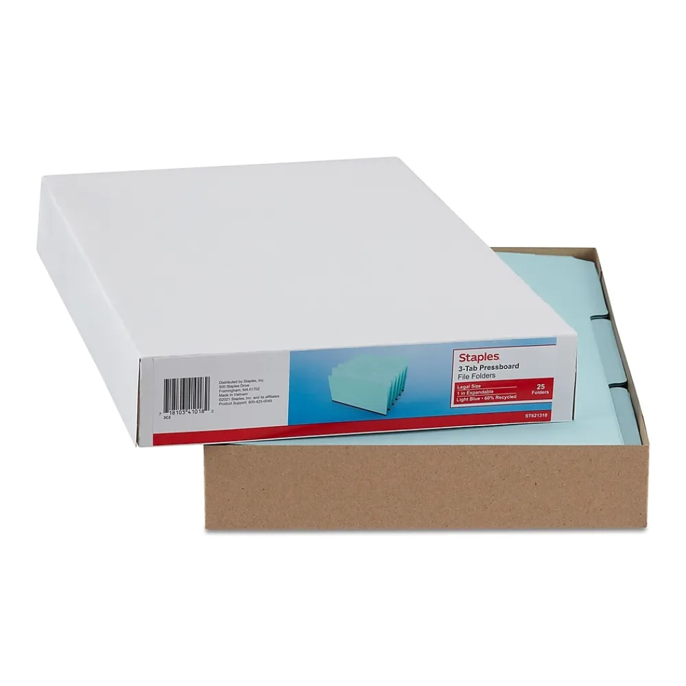 File Folders|Staples 60% Recycled Heavyweight File Folders, 1/3-Cut Tab, Legal Size, Light Blue, 25/Box (ST621318)