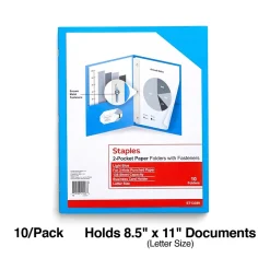 Pocket Folders|Staples 10% Recycled Matte 2-Pocket Paper Presentation Folder with Fasteners, , 10/Pack (13389-CC) Light Blue
