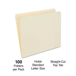 File Folders|Staples 30% Recycled Reinforced File Folders, Single Tab, Letter Size, Manila, 100/Box (ST508820/508820)