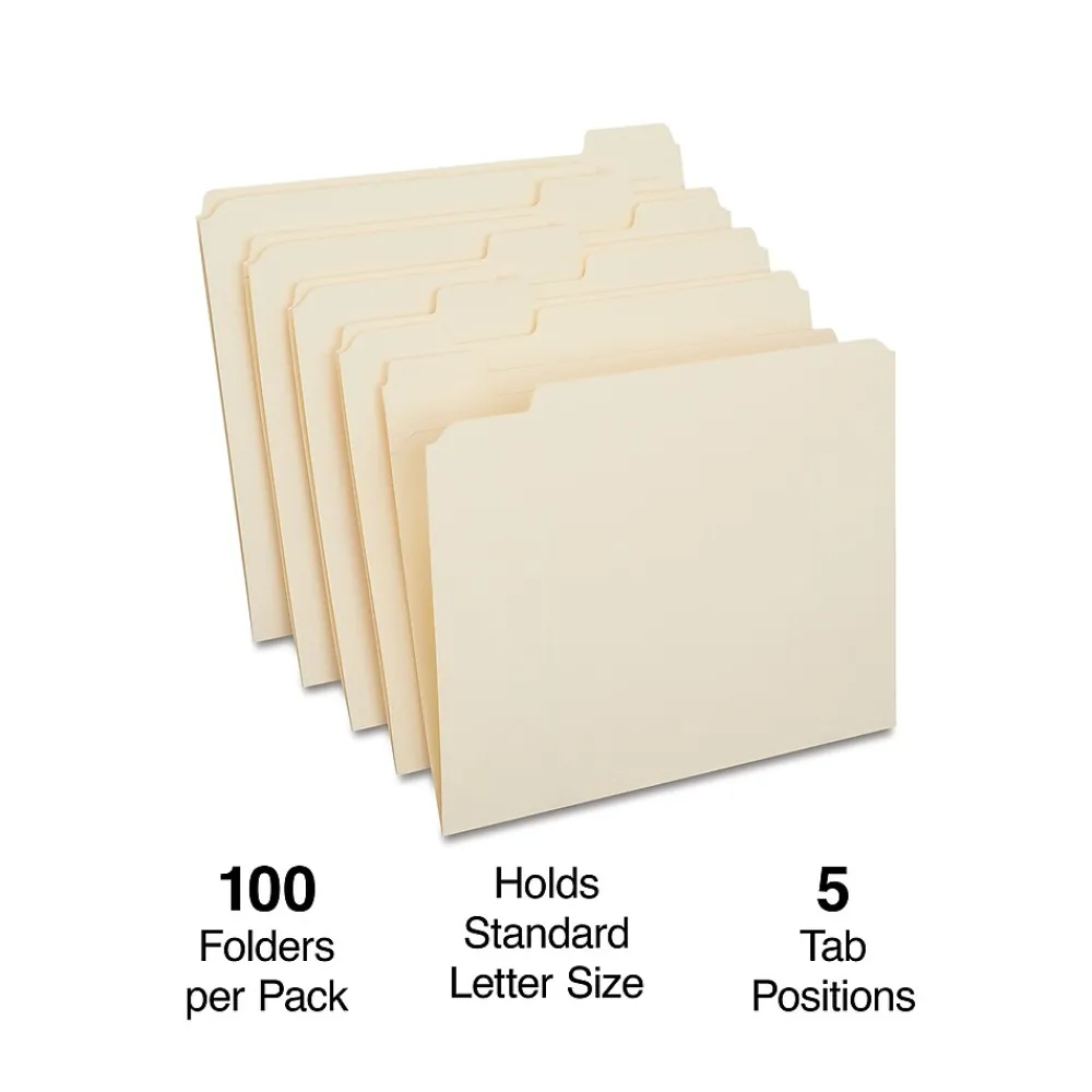 File Folders|Staples 30% Recycled Reinforced File Folders, 1/5-Cut Tab, Letter Size, 100/Box (ST509000/509000)