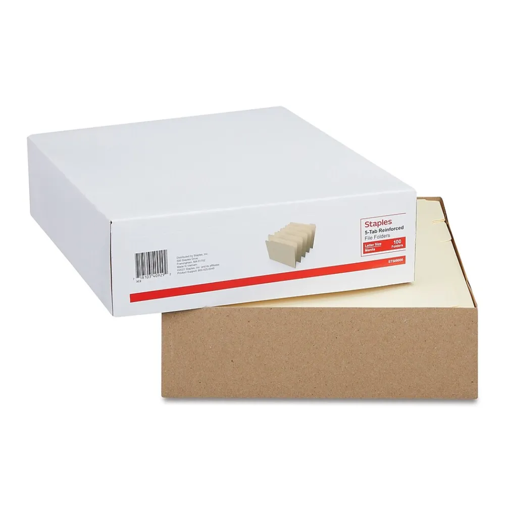 File Folders|Staples 30% Recycled Reinforced File Folders, 1/5-Cut Tab, Letter Size, 100/Box (ST509000/509000)