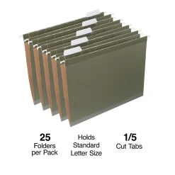 Hanging File Folders|Staples 100% Recycled Reinforced Hanging File Folder, 1/5-Cut Tab, Letter Size, Standard , 25/Box (TR16403) Green