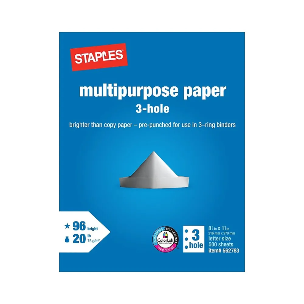 Multipurpose Paper*Staples 8.5" x 11" 3-Hole Punch Multipurpose Paper, 20 lbs., 96 Brightness, 500/Ream (05031)