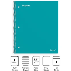 Subject Notebooks|Staples Accel 1-Subject Notebook, 8.5" x 11", College Ruled, 100 Sheets, Blue (ST20955D) Teal