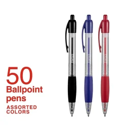 Pens|Staples Ballpoint Retractable Pens, Medium Point, Assorted Ink, 50/Pack (50371)