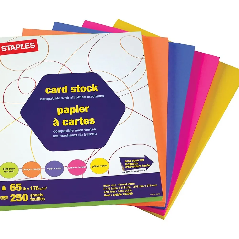 Card Stock*Staples ® Brights Colored Card Stock, 8.5" x 11", Neon Assorted, 250 Sheets/Pack (16428)
