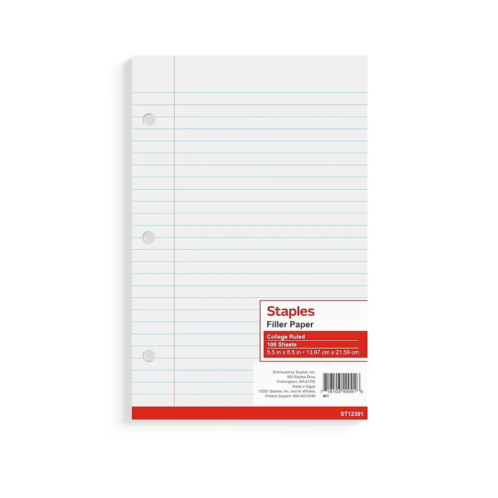 Filler Paper|Staples ® College Ruled Filler Paper, 5.5" x 8.5", 3-Hole Punched, White, 100 Sheets/Pack (ST12301D)