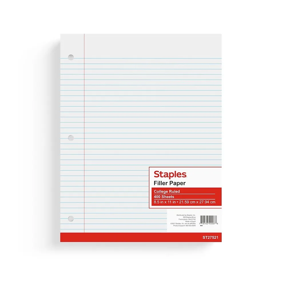 Filler Paper|Staples College Ruled Filler Paper, 8.5" x 11", White, 400 Sheets/Pack, 12 Packs/Carton (TR27521)