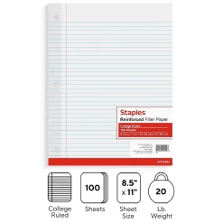 Filler Paper|Staples College Ruled Filler Paper, 8.5" x 11", 100 Sheets/Pack (TR16183)