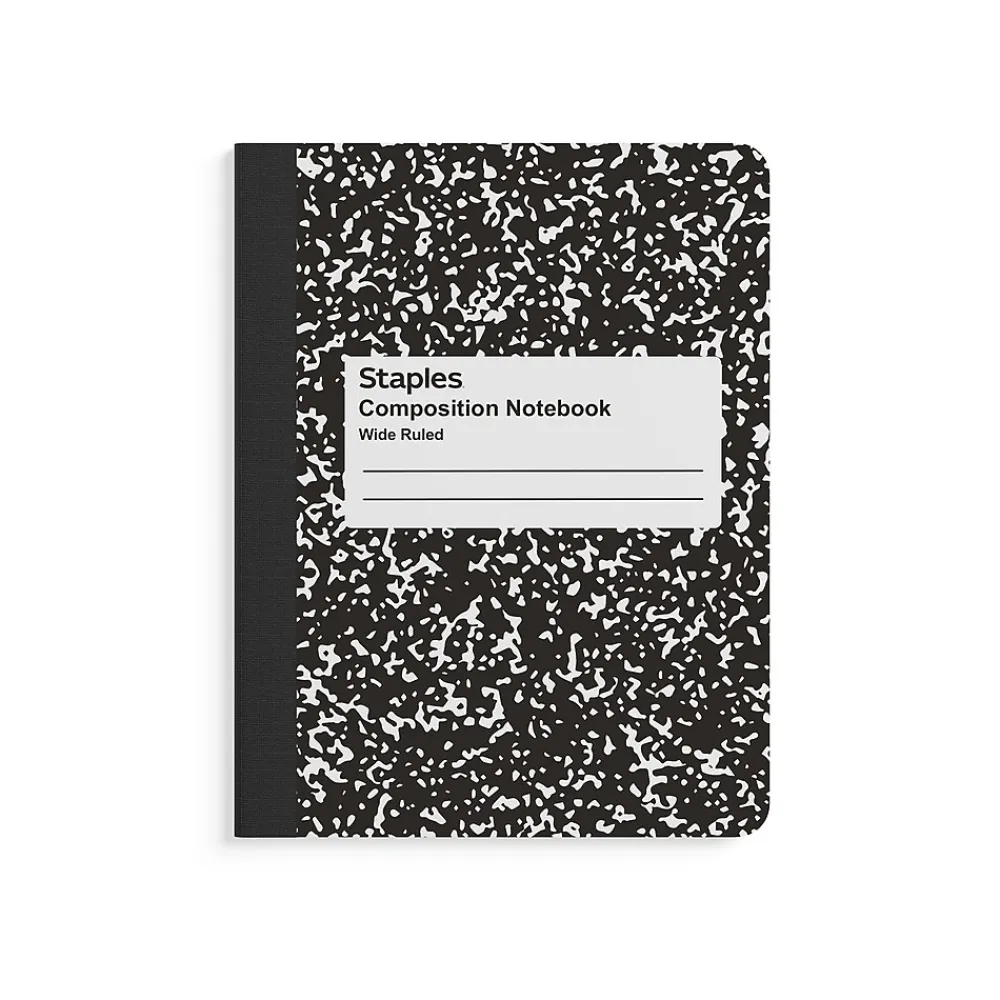 Composition Notebooks|Staples Composition Notebook, 7.5" x 9.75", Wide Ruled, 80 Sheets, Black/White, 48 Notebooks/Carton (ST55076CT)
