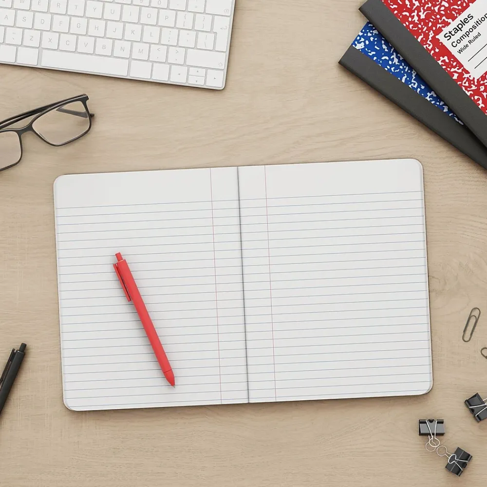 Composition Notebooks|Staples Composition Notebook, 7.5" x 9.75", Wide Ruled, 80 Sheets, Black/White, 48 Notebooks/Carton (ST55076CT)