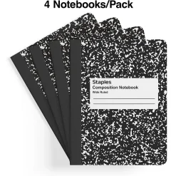 Composition Notebooks|Staples ® Composition Notebooks, 7.5" x 9.75", Wide Ruled, 100 Sheets, /White Marble, 4/Pack (ST58369) Black