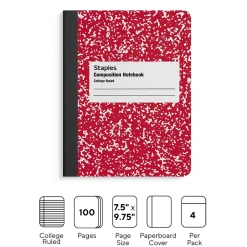 Composition Notebooks|Staples ® Composition Notebooks, 7.5" x 9.75", College Ruled, 100 Sheets, , 4/Pack (ST58370) Assorted Colors