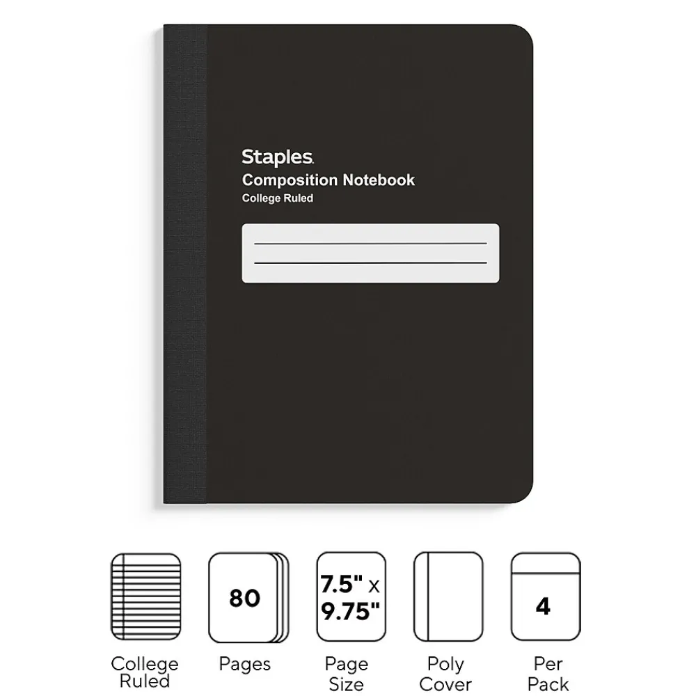 Composition Notebooks|Staples Composition Notebook, 7.5" x 9.75", College Ruled, 80 Sheets, Black, 4/Pack (ST58293)