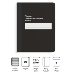 Composition Notebooks|Staples Composition Notebook, 7.5" x 9.75", Black, 4/Pack (TR58294)
