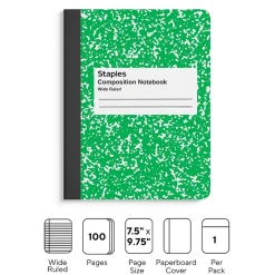 Composition Notebooks|Staples ® Composition Notebook, 7.5" x 9.75", Wide Ruled, 100 Sheets, Green (ST55074)