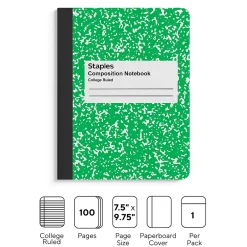 Composition Notebooks|Staples ® Composition Notebook, 7.5" x 9.75", College Ruled, 100 Sheets, (ST55066) Green