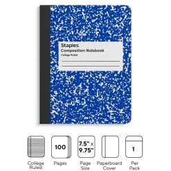 Composition Notebooks|Staples ® Composition Notebook, 7.5" x 9.75", College Ruled, 100 Sheets, (ST55067) Blue