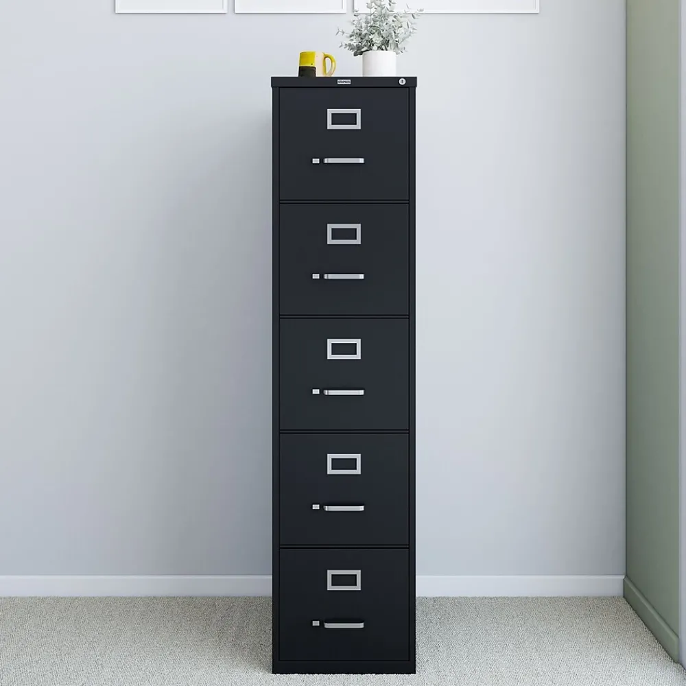 File Cabinets*Staples 5-Drawer Vertical File Cabinet, Letter Size, Lockable, 61.38"H x 15"W x 26.5"D, (59589/25432) Black