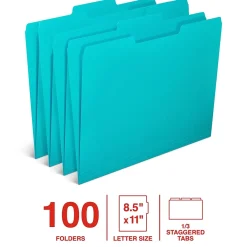 File Folders|Staples File Folder, 1/3-Cut Tab, Letter Size, Teal, 100/Box (ST62567)