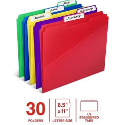 File Folders|Staples File Folder, 1/3-Cut Tab, Letter Size, Plastic, Assorted Colors, 30/Box (ST62541)