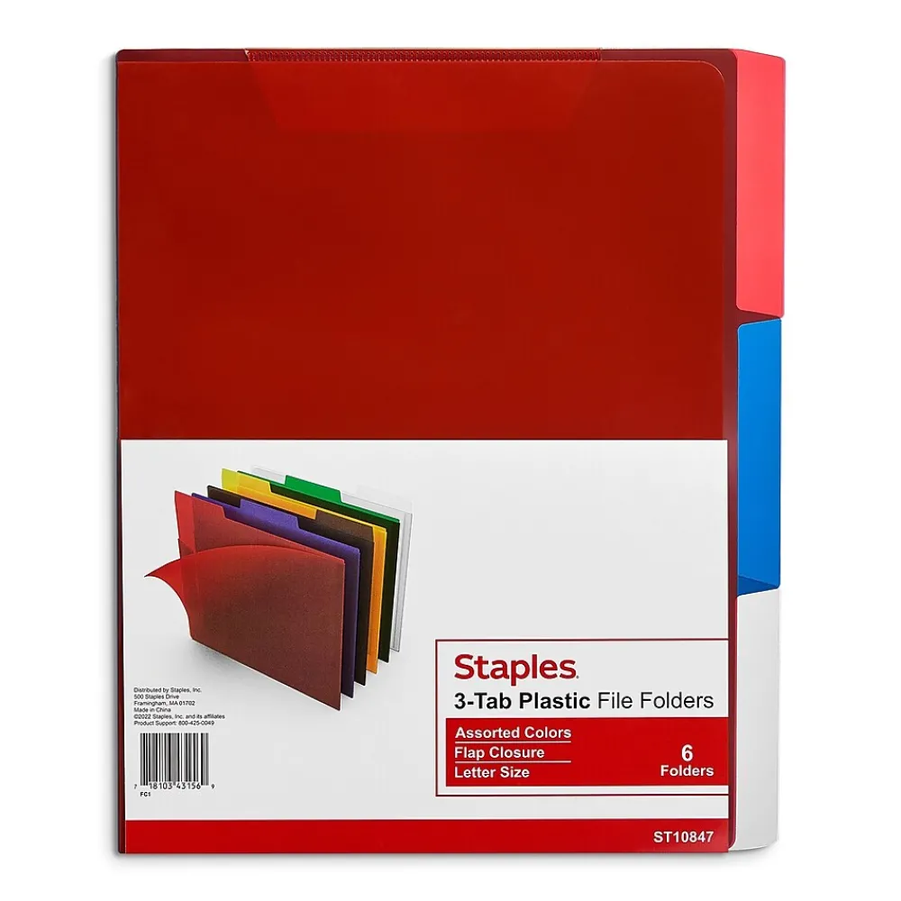 File Folders|Staples File Folders, 1/3-Cut Tab, Letter Size, Assorted Colors, 6/Pack (TR10847/10847)