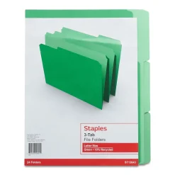 File Folders|Staples File Folders, 1/3-Cut Tab, Letter Size, Green, 24/Pack (22948-US)