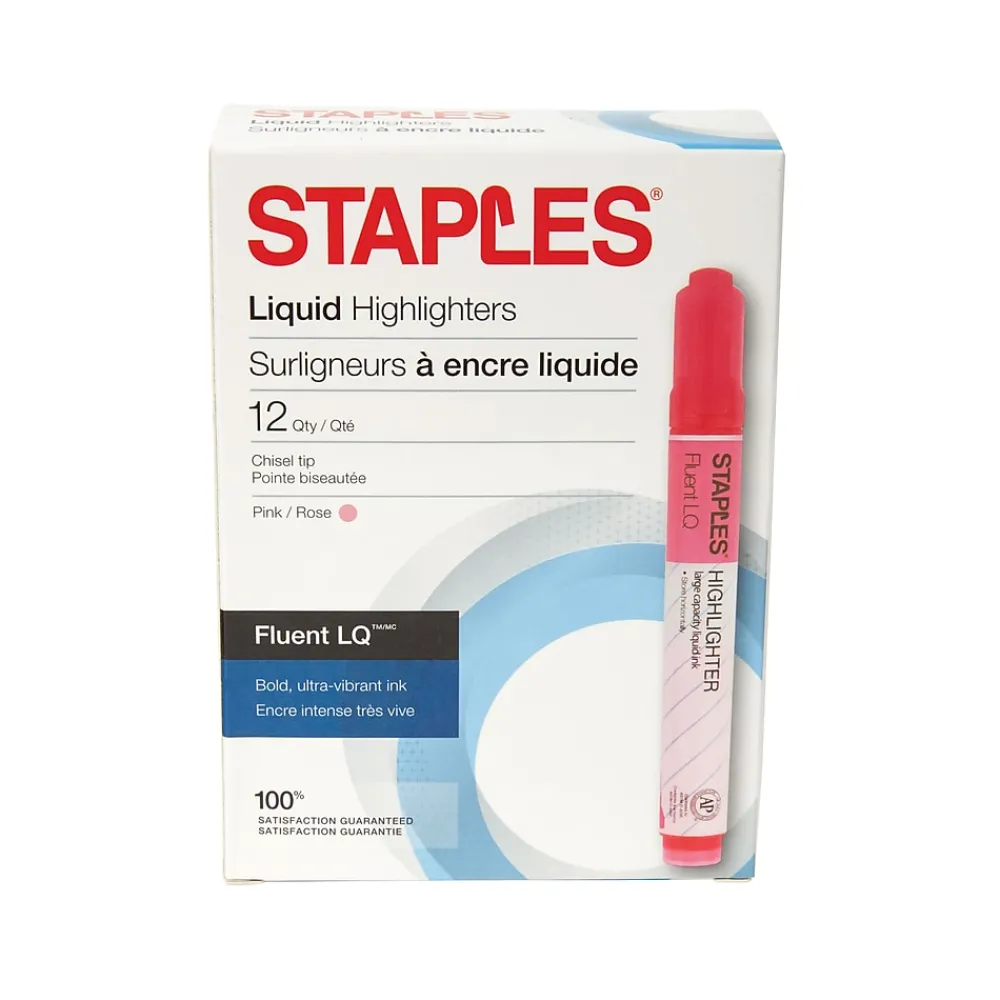 Highlighters|Staples ® Fluent LQ™ Highlighters, Pink, 12pk
