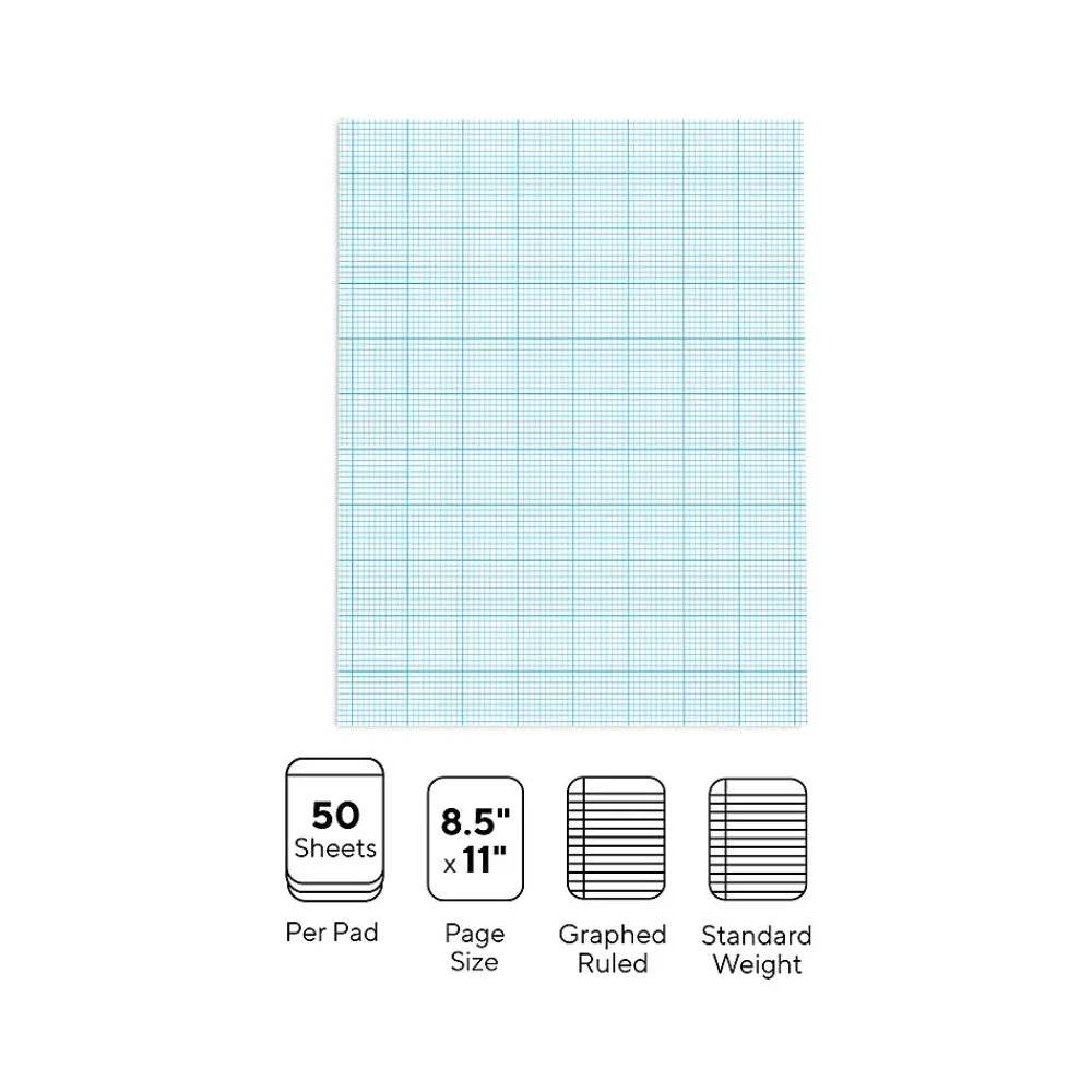 Notepads|Staples Graph Pad, 8.5" x 11" (US letter), Graph Ruled, White, 50 Sheets/Pad, 6 Pads/Pack (35705)