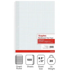 Filler Paper|Staples Graph Ruled Filler Paper, 8.5" x 11", White, 100 Sheets/Pack (TR25549)