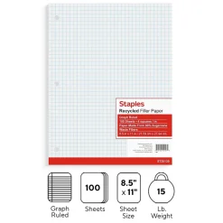 Filler Paper|Staples Graph Ruled Filler Paper, 8.5" x 11", White, 100 Sheets/Pack (TR25139)