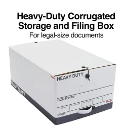 File Storage|Staples Heavy Duty File Box, String and Button Lid, Legal, White/Gray, 4/Pack (TR59224)