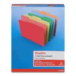 File Folders|Staples Heavyweight File Folders, 1/3-Cut Tab, Letter Size, , 50/Box (ST18363-CC) Assorted Colors