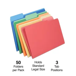 File Folders|Staples Heavyweight File Folders, 1/3-Cut Tab, Legal Size, Assorted Colors, 50/Box (ST18366-CC)