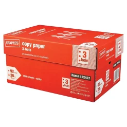 Copy Paper*Staples 3-Hole Punch Copy Paper, 8.5" x 11", 20 lbs., 500 Sheets/Ream, 10 Reams/Carton (221192)