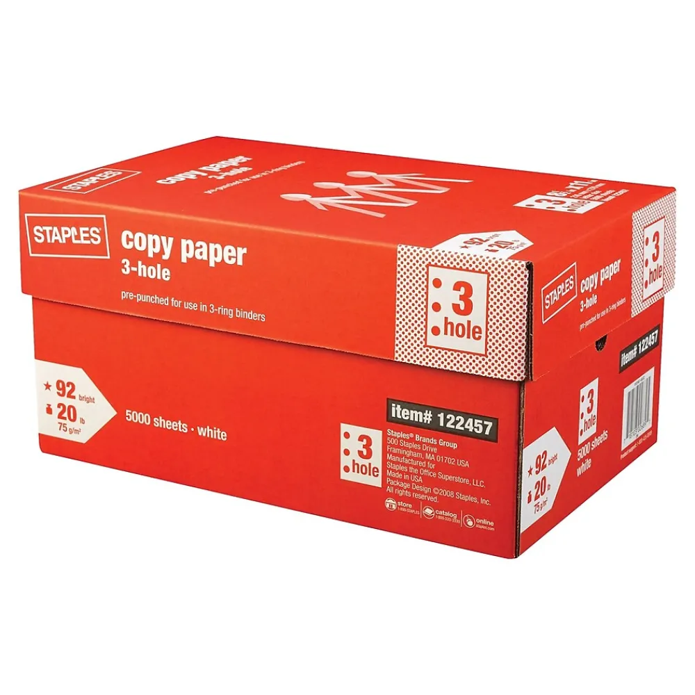 Copy Paper*Staples 3-Hole Punch Copy Paper, 8.5" x 11", 20 lbs., 500 Sheets/Ream, 10 Reams/Carton (221192)