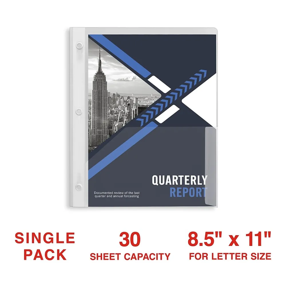 Pocket Folders|Staples 3-Hole Punched 2-Pocket Plastic Presentation Folder with Fasteners, Clear (ST26387-CC)