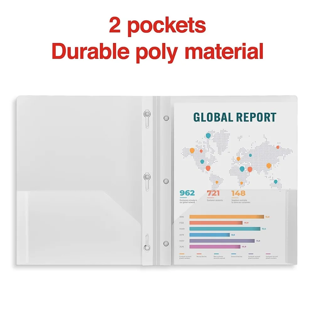 Pocket Folders|Staples 3-Hole Punched 2-Pocket Plastic Presentation Folder with Fasteners, Clear (ST26387-CC)