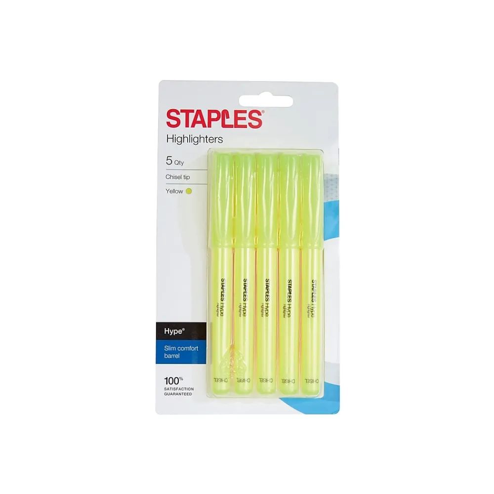 Highlighters|Staples Hype Stick Highlighters, Chisel, Yellow, 5/Pack (29346)