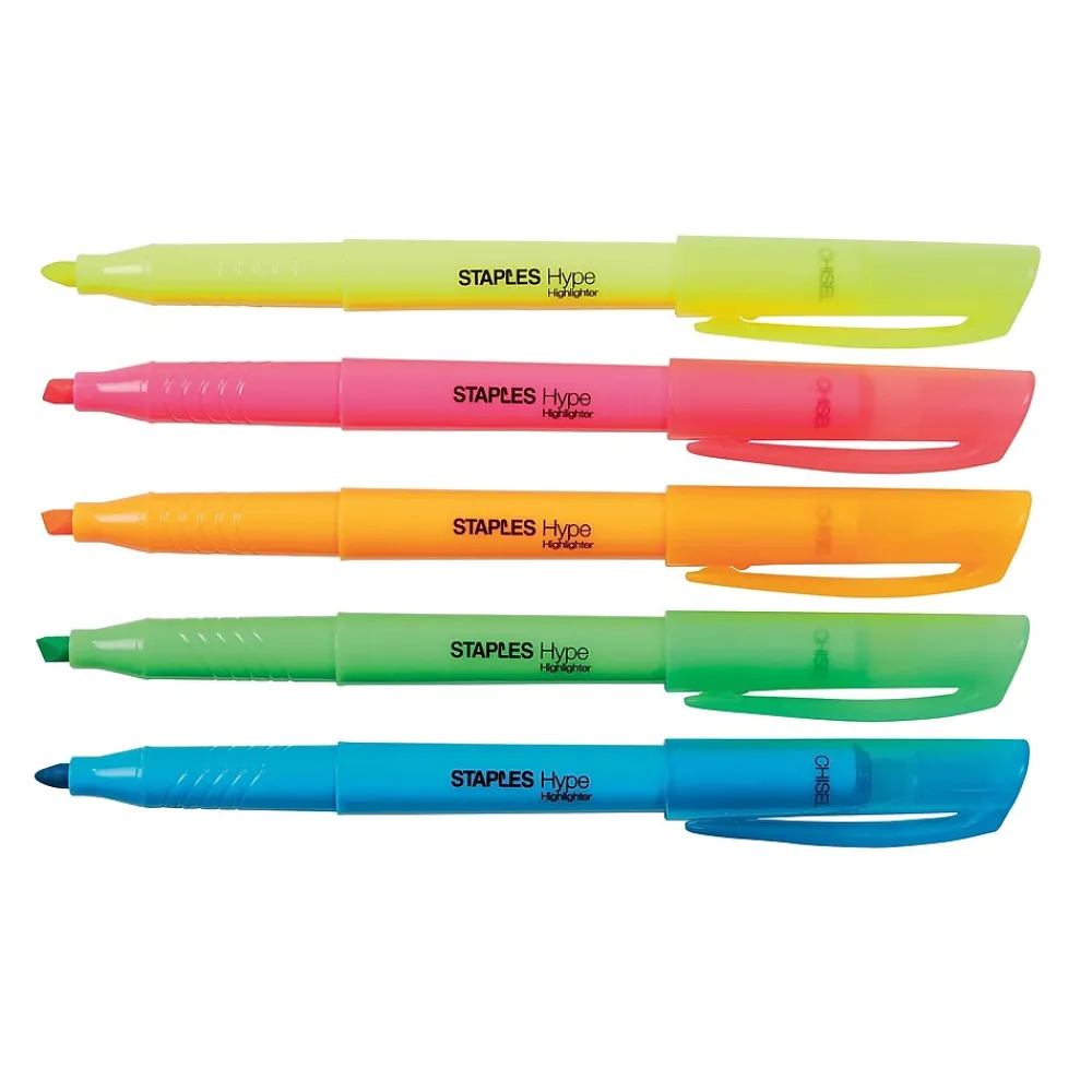 Highlighters|Staples Hype Stick Highlighters, Chisel, Assorted, 5/Pack (29349)