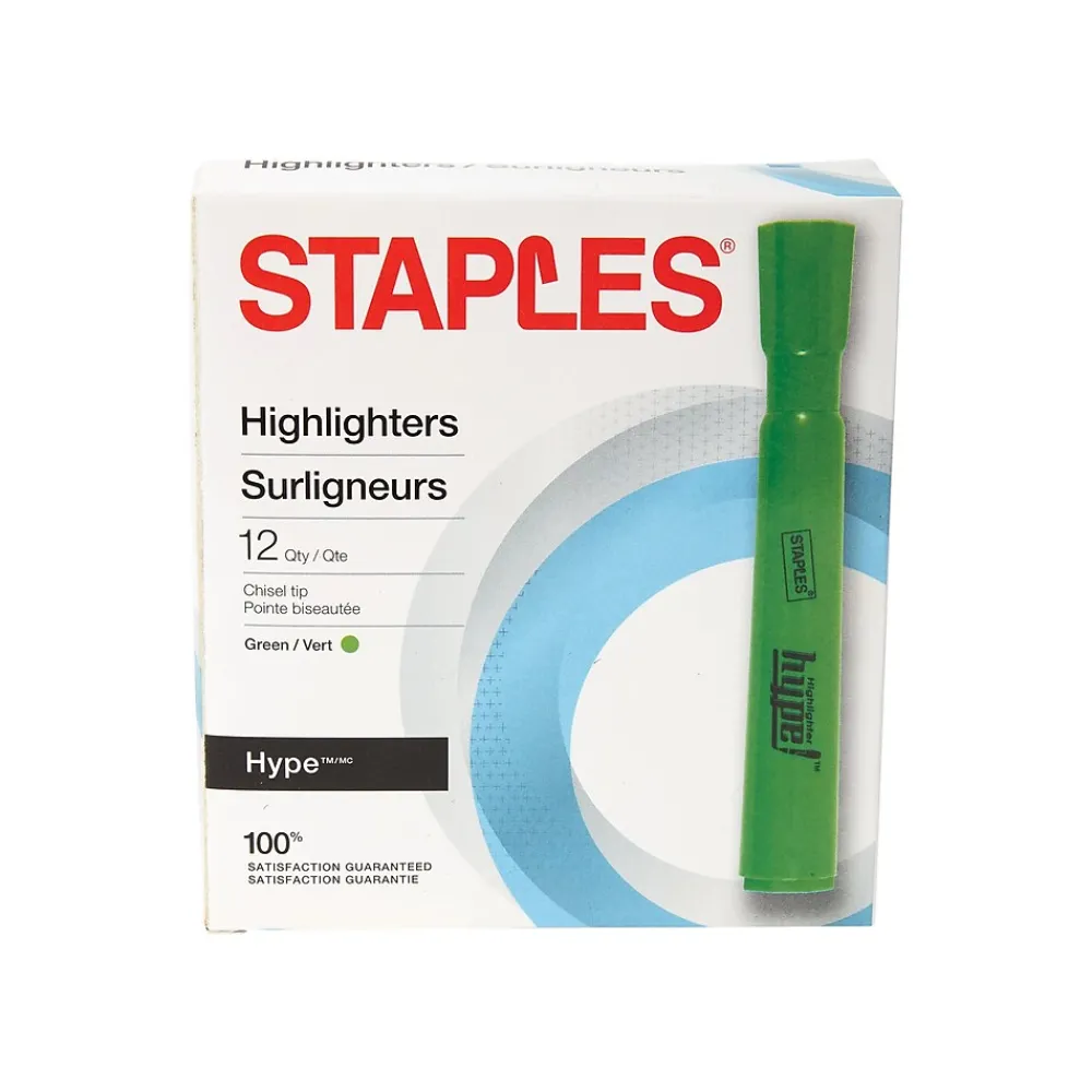 Highlighters|Staples Hype Tank Highlighters, Chisel Tip, Green, Dozen (28559)