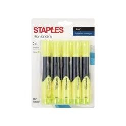Highlighters|Staples Hype Tank Highlighters, Chisel Tip, Yellow, 5/Pack (29219)